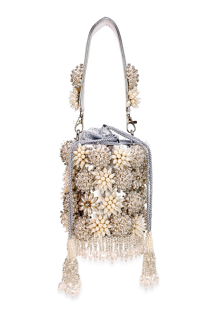 White Faux Leather Beaded Floral Cylindrical Potli Bag by 5 Elements at Pernia's Pop Up Shop