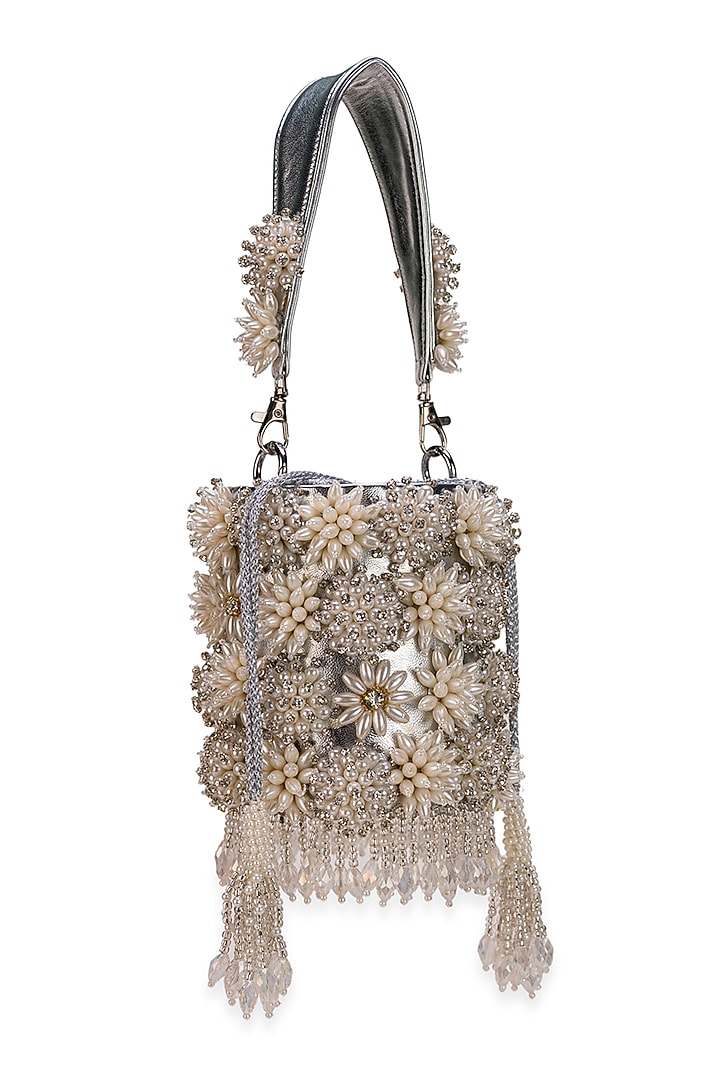 White Faux Leather Beaded Floral Cylindrical Potli Bag by 5 Elements at Pernia's Pop Up Shop