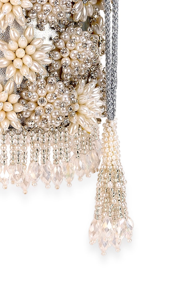 White Faux Leather Beaded Floral Cylindrical Potli Bag by 5 Elements at Pernia's Pop Up Shop