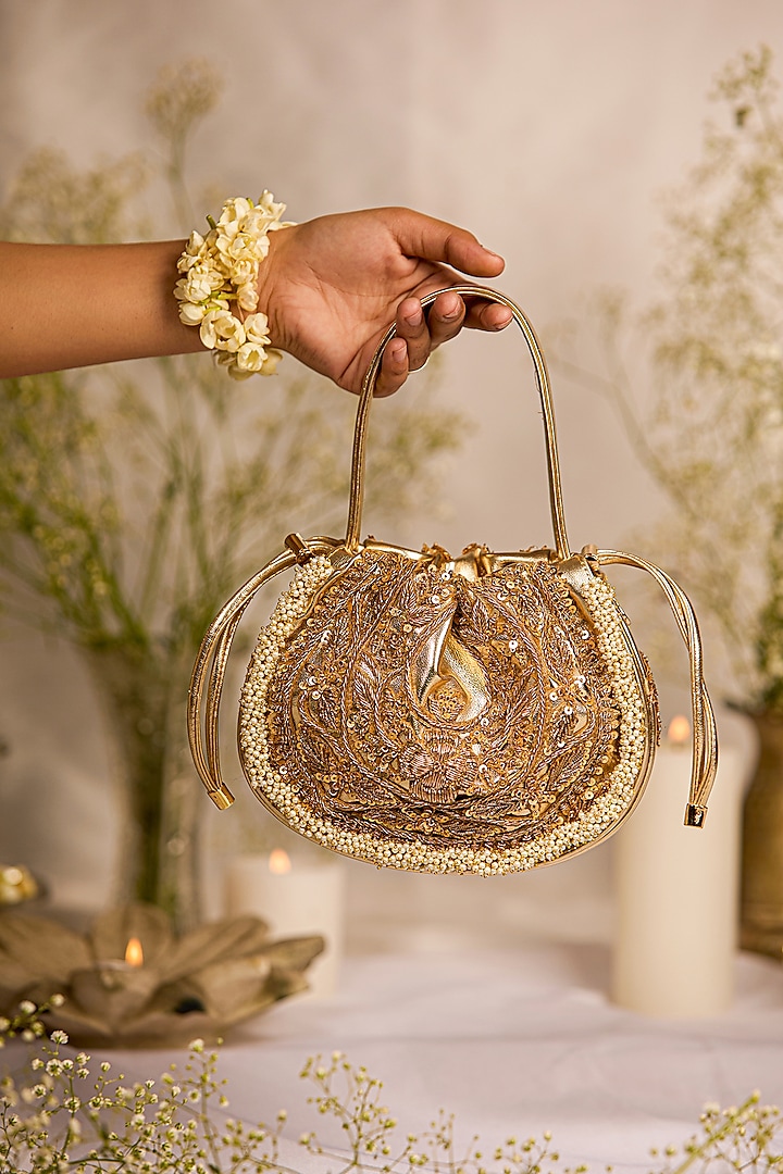 Golden Faux Leather Beads Work Potli Bag by 5 Elements at Pernia's Pop Up Shop