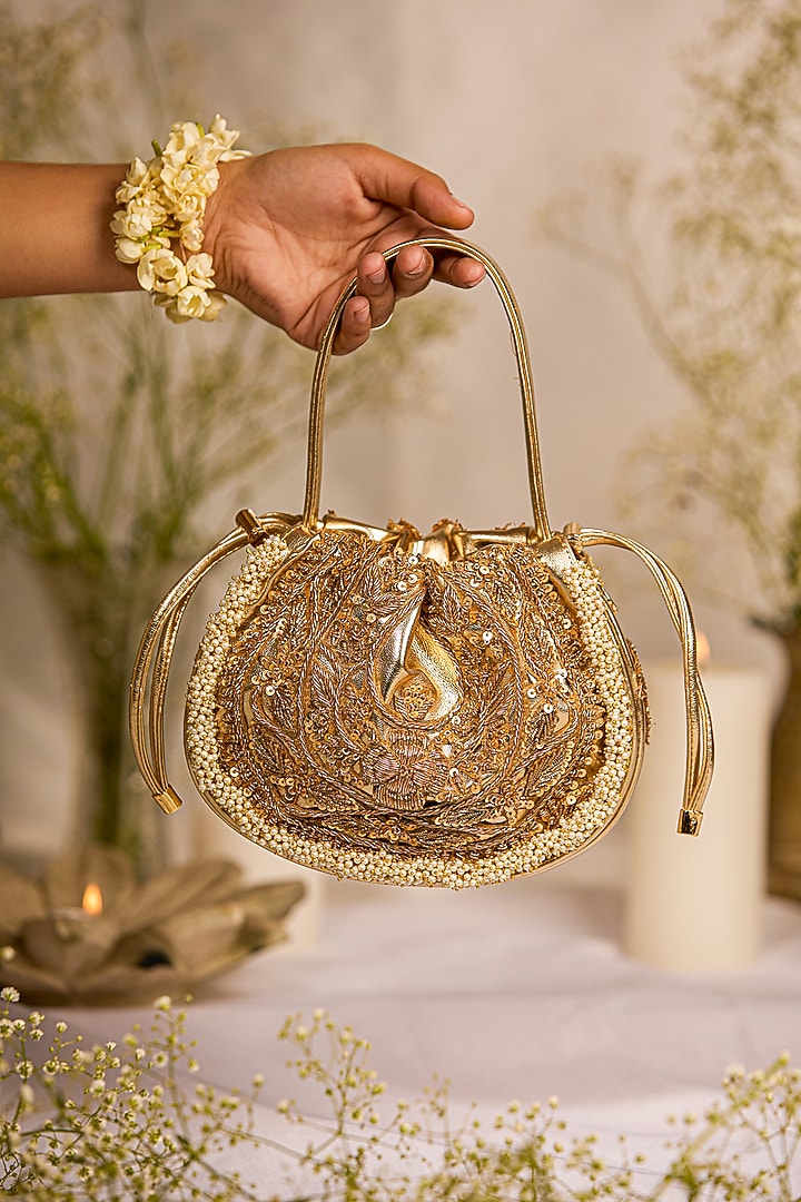 Golden Faux Leather Beads Work Potli Bag by 5 Elements at Pernia's Pop Up Shop