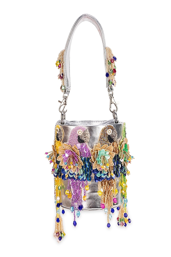 Silver Faux Leather Parrot Motif Cylindrical Potli Bag by 5 Elements at Pernia's Pop Up Shop