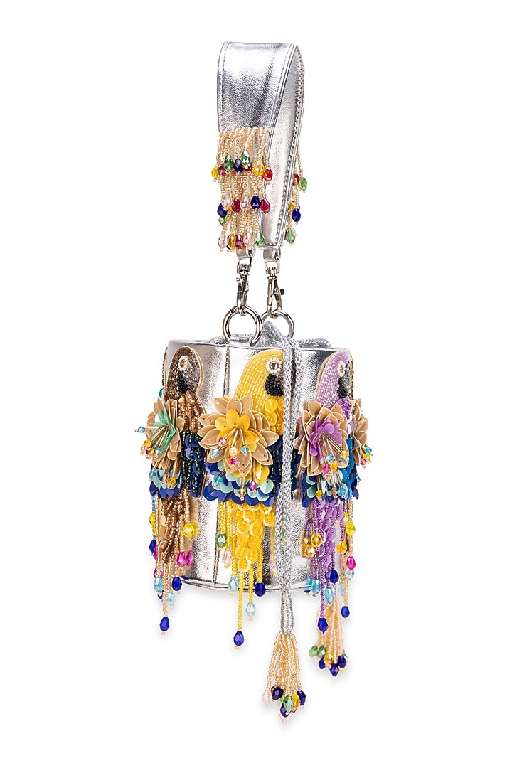 Silver Faux Leather Parrot Motif Cylindrical Potli Bag by 5 Elements at Pernia's Pop Up Shop