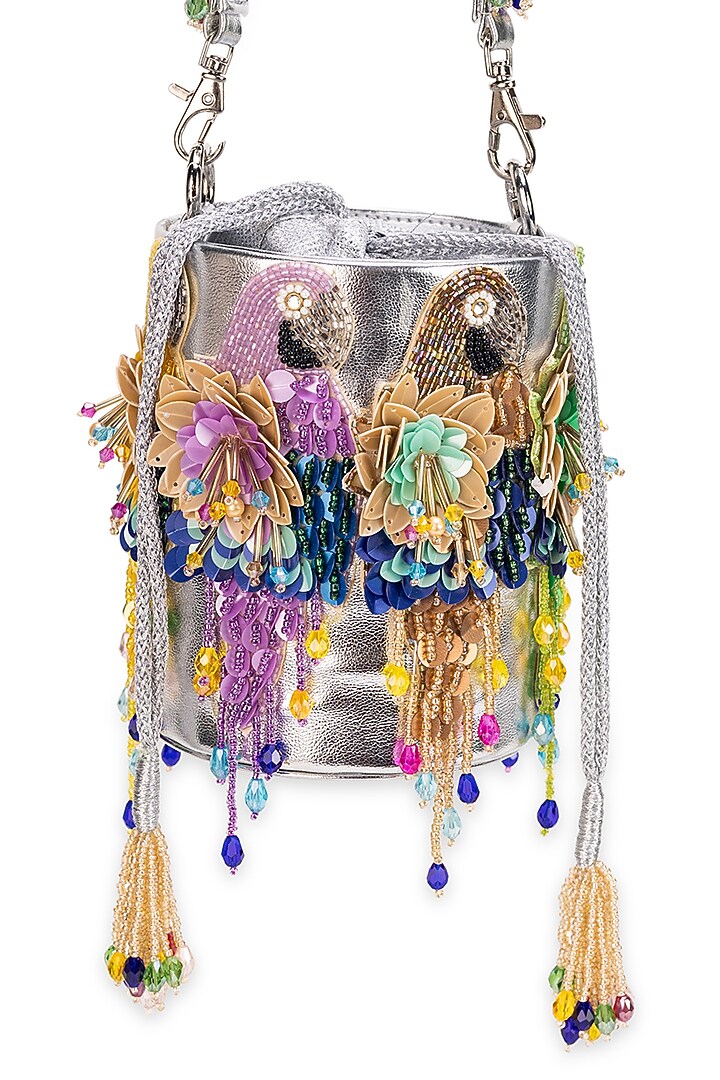 Silver Faux Leather Parrot Motif Cylindrical Potli Bag by 5 Elements at Pernia's Pop Up Shop