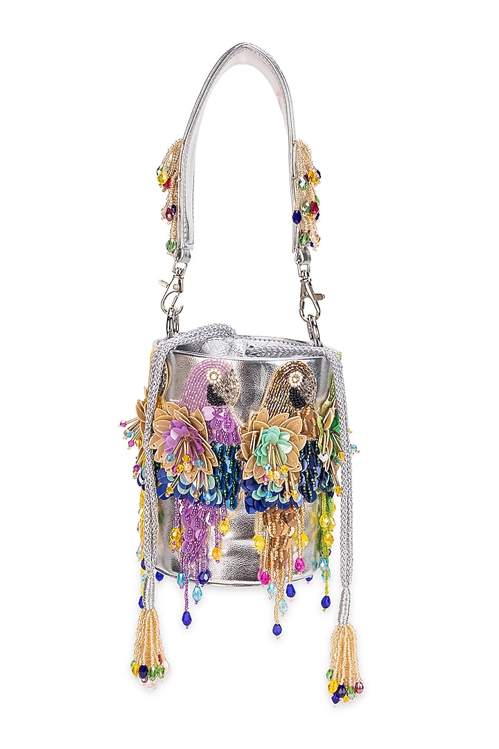 Silver Faux Leather Parrot Motif Cylindrical Potli Bag by 5 Elements at Pernia's Pop Up Shop