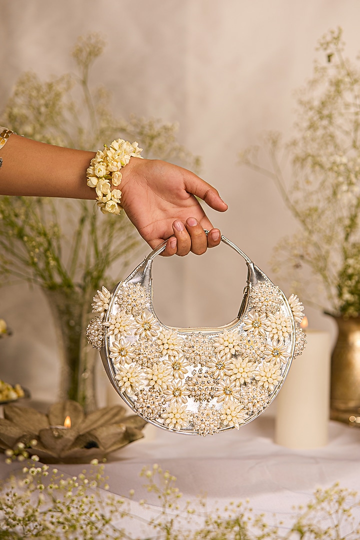 White Faux Leather Beaded Floral Moon-Shaped HandBag by 5 Elements at Pernia's Pop Up Shop