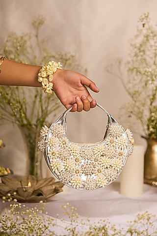White Faux Leather Beaded Floral Moon-Shaped HandBag by 5 Elements