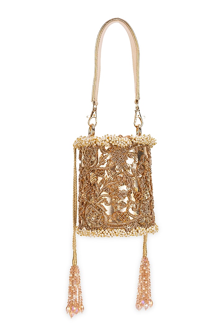 Golden Faux Leather Tasseled Cylindrical Potli Bag by 5 Elements at Pernia's Pop Up Shop