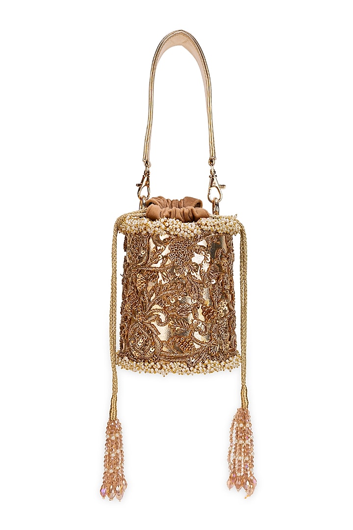 Golden Faux Leather Tasseled Cylindrical Potli Bag by 5 Elements at Pernia's Pop Up Shop