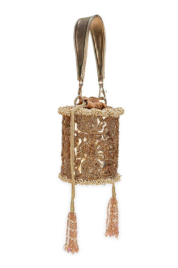 Golden Faux Leather Tasseled Cylindrical Potli Bag by 5 Elements at Pernia's Pop Up Shop