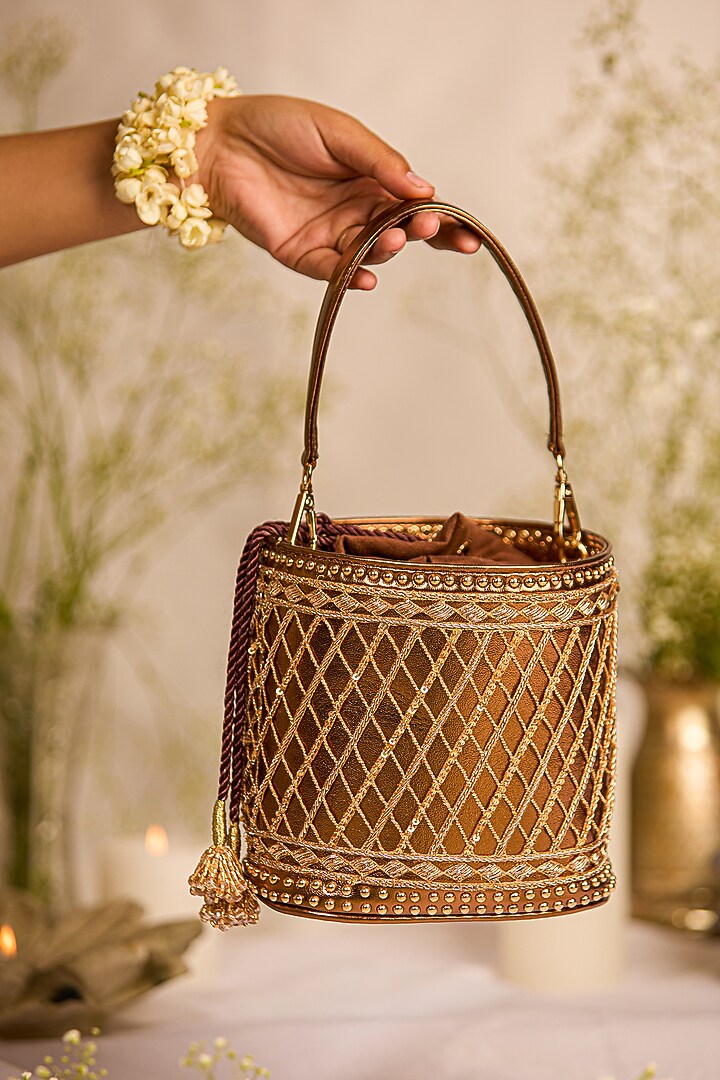 Metallic Brown Faux Leather Beads Droplet Potli Bag by 5 Elements at Pernia's Pop Up Shop