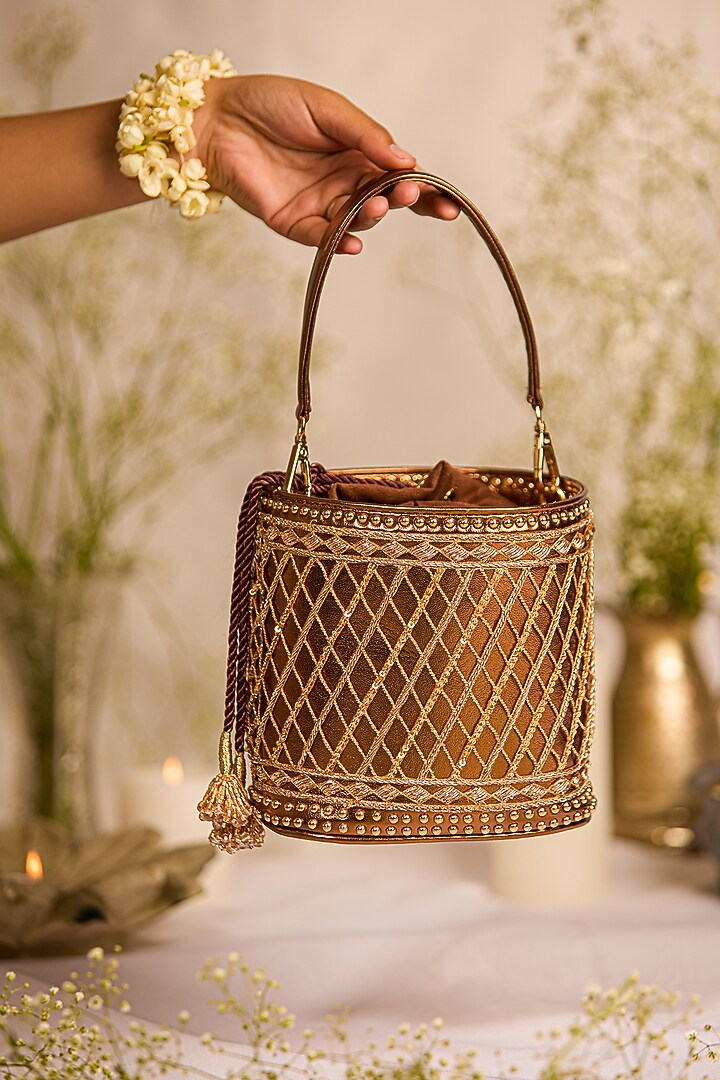 Metallic Brown Faux Leather Beads Droplet Potli Bag by 5 Elements at Pernia's Pop Up Shop