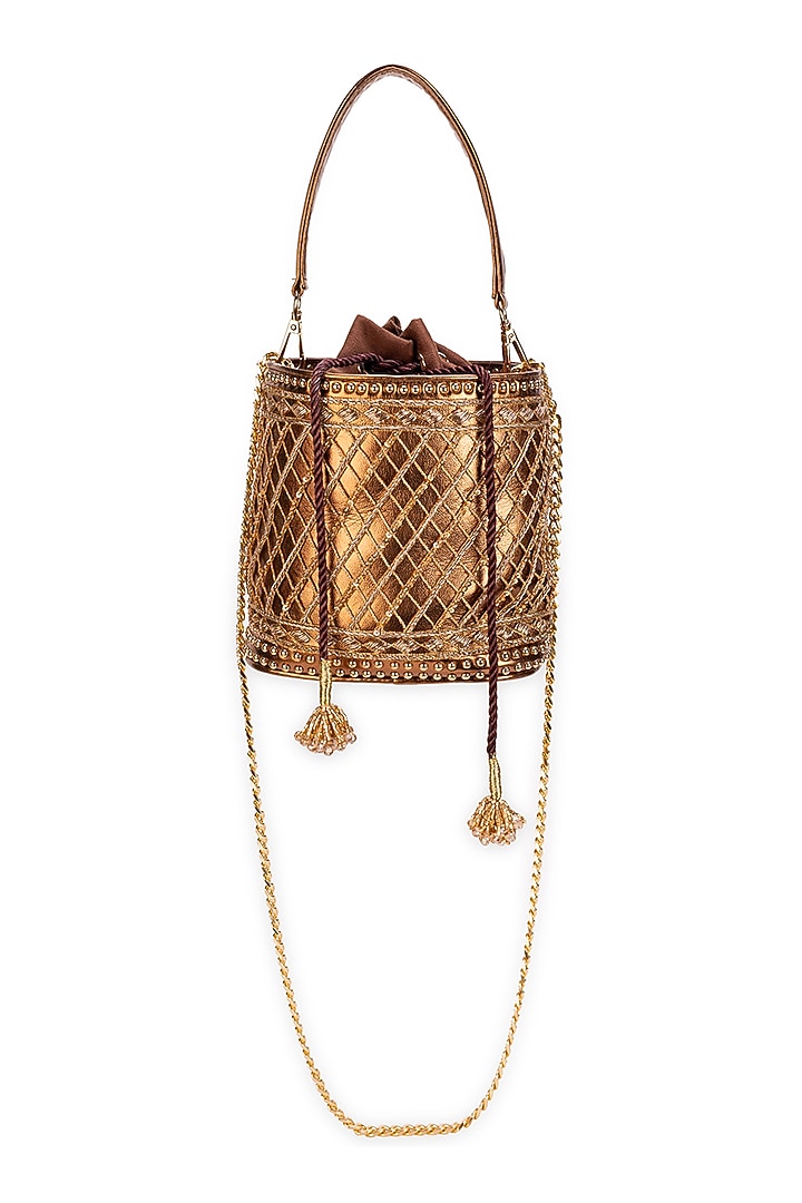 Metallic Brown Faux Leather Beads Droplet Potli Bag by 5 Elements at Pernia's Pop Up Shop