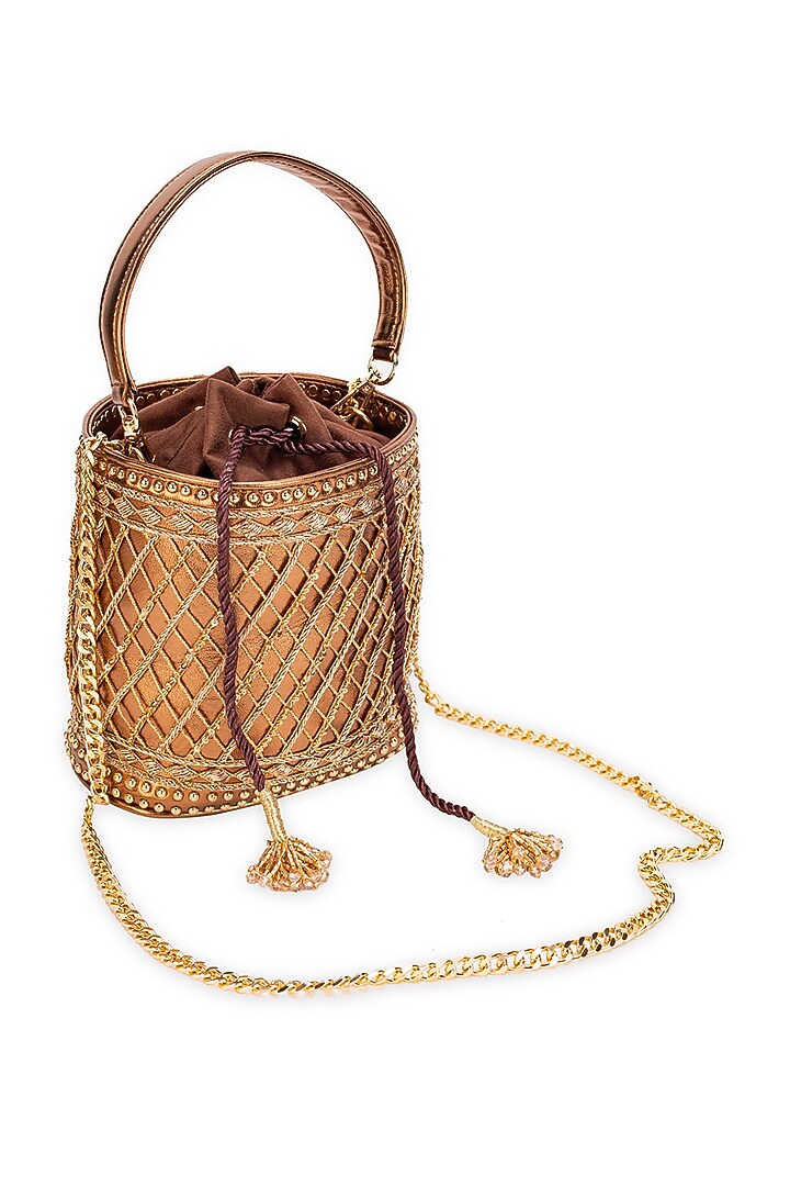 Metallic Brown Faux Leather Beads Droplet Potli Bag by 5 Elements at Pernia's Pop Up Shop