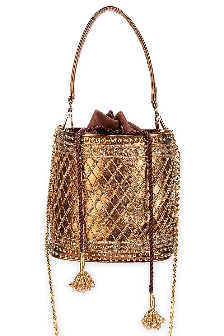 Metallic Brown Faux Leather Beads Droplet Potli Bag by 5 Elements at Pernia's Pop Up Shop
