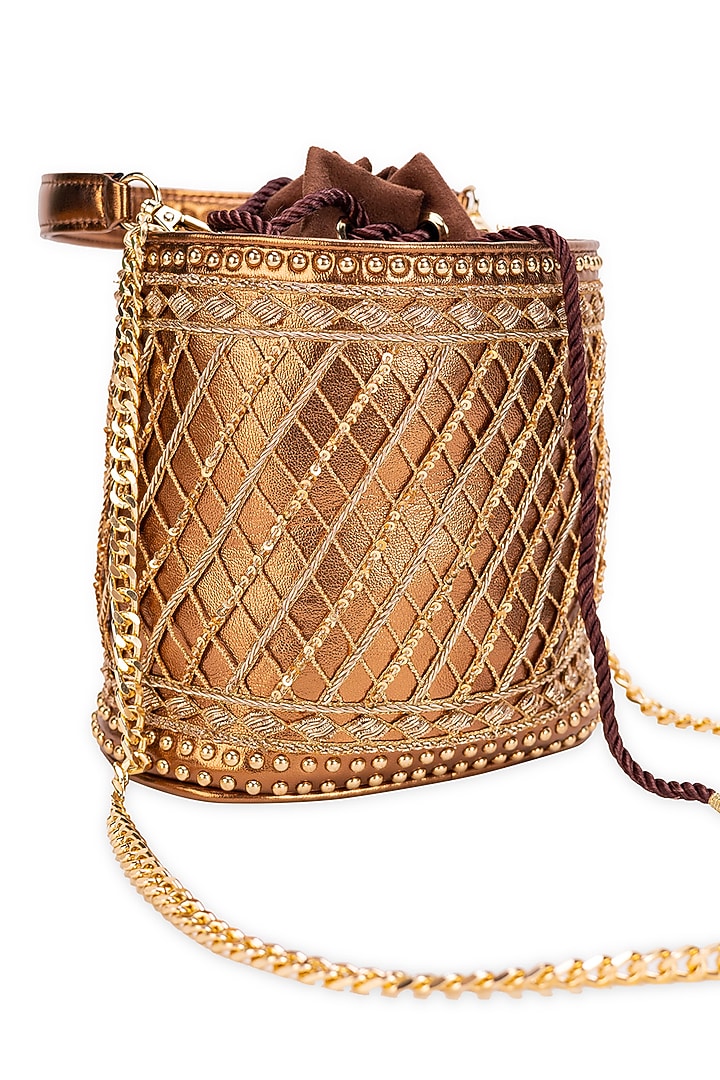 Metallic Brown Faux Leather Beads Droplet Potli Bag by 5 Elements at Pernia's Pop Up Shop
