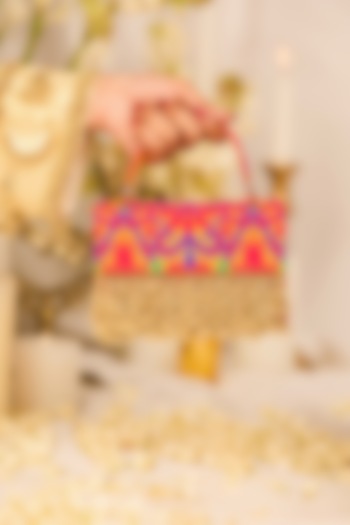 Mustard Jacquard Tassels Embroidered Handbag by 5 Elements at Pernia's Pop Up Shop