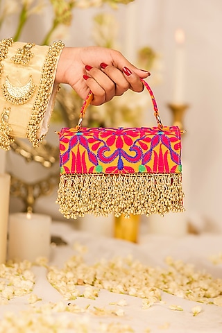 Mustard Jacquard Tassels Embroidered Handbag by 5 Elements