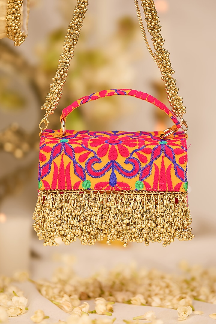 Mustard Jacquard Tassels Embroidered Handbag by 5 Elements at Pernia's Pop Up Shop