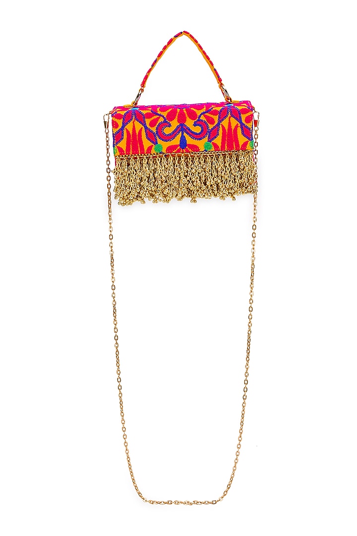 Mustard Jacquard Tassels Embroidered Handbag by 5 Elements at Pernia's Pop Up Shop