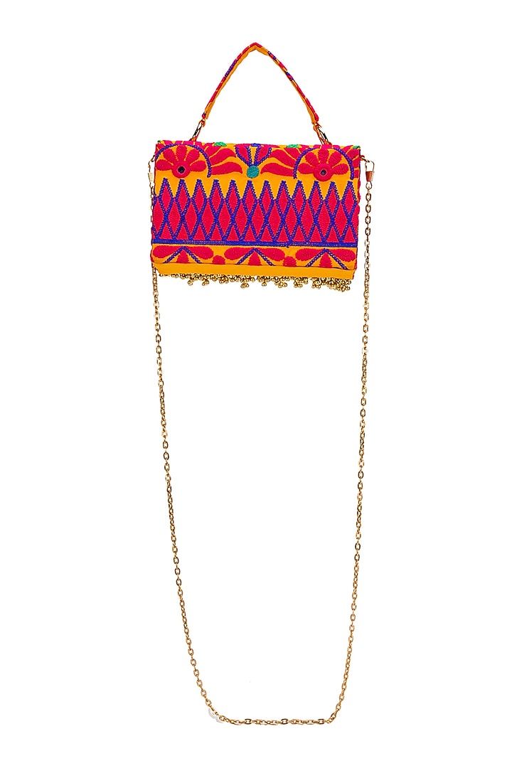 Mustard Jacquard Tassels Embroidered Handbag by 5 Elements at Pernia's Pop Up Shop