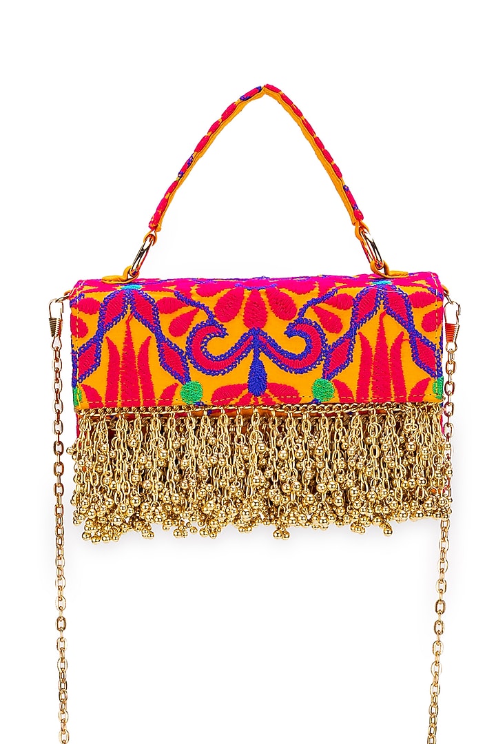 Mustard Jacquard Tassels Embroidered Handbag by 5 Elements at Pernia's Pop Up Shop