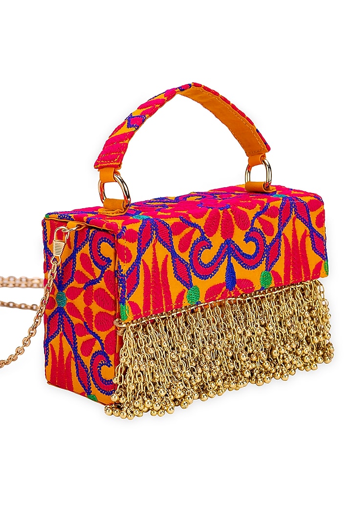 Mustard Jacquard Tassels Embroidered Handbag by 5 Elements at Pernia's Pop Up Shop