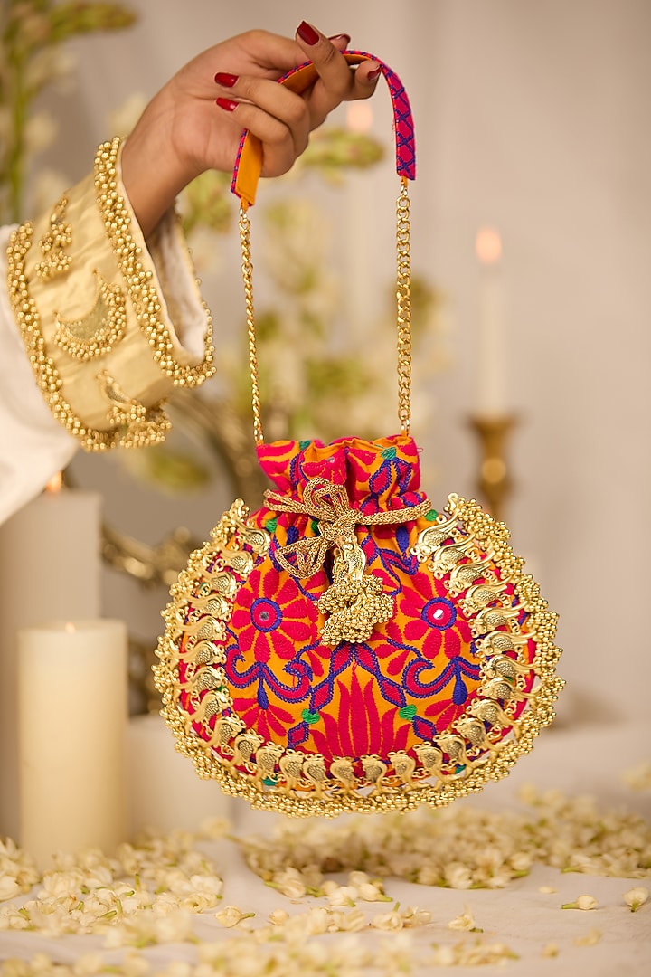 Mustard Jacquard Thread Embroidered Polti Bag by 5 Elements at Pernia's Pop Up Shop