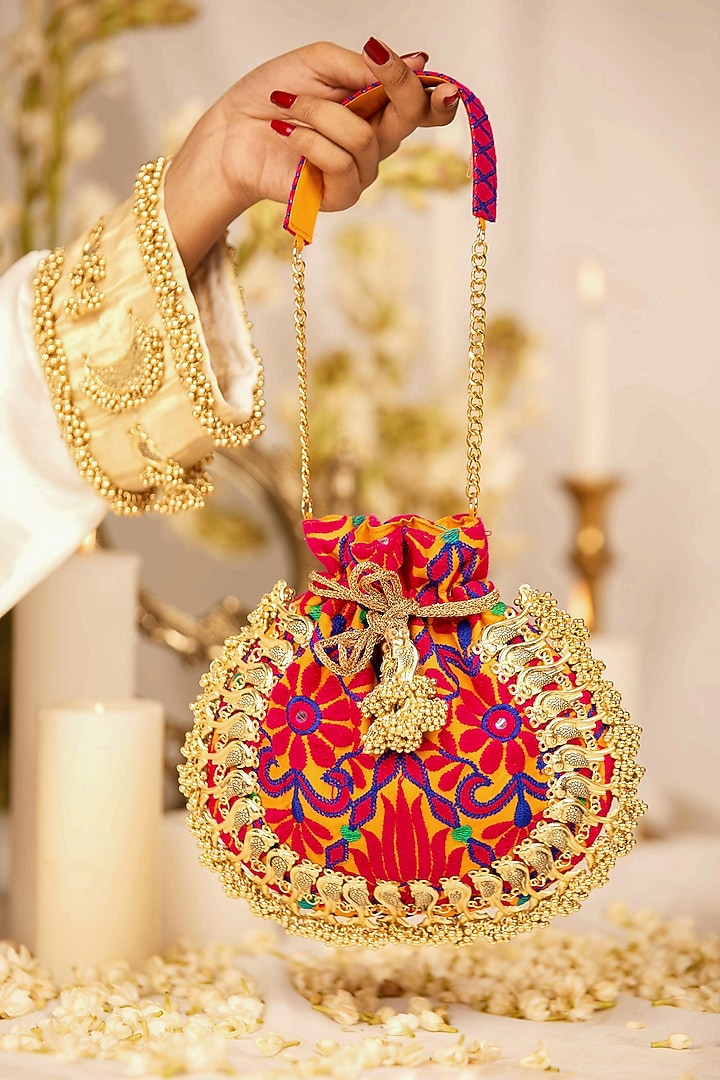 Mustard Jacquard Thread Embroidered Polti Bag by 5 Elements at Pernia's Pop Up Shop
