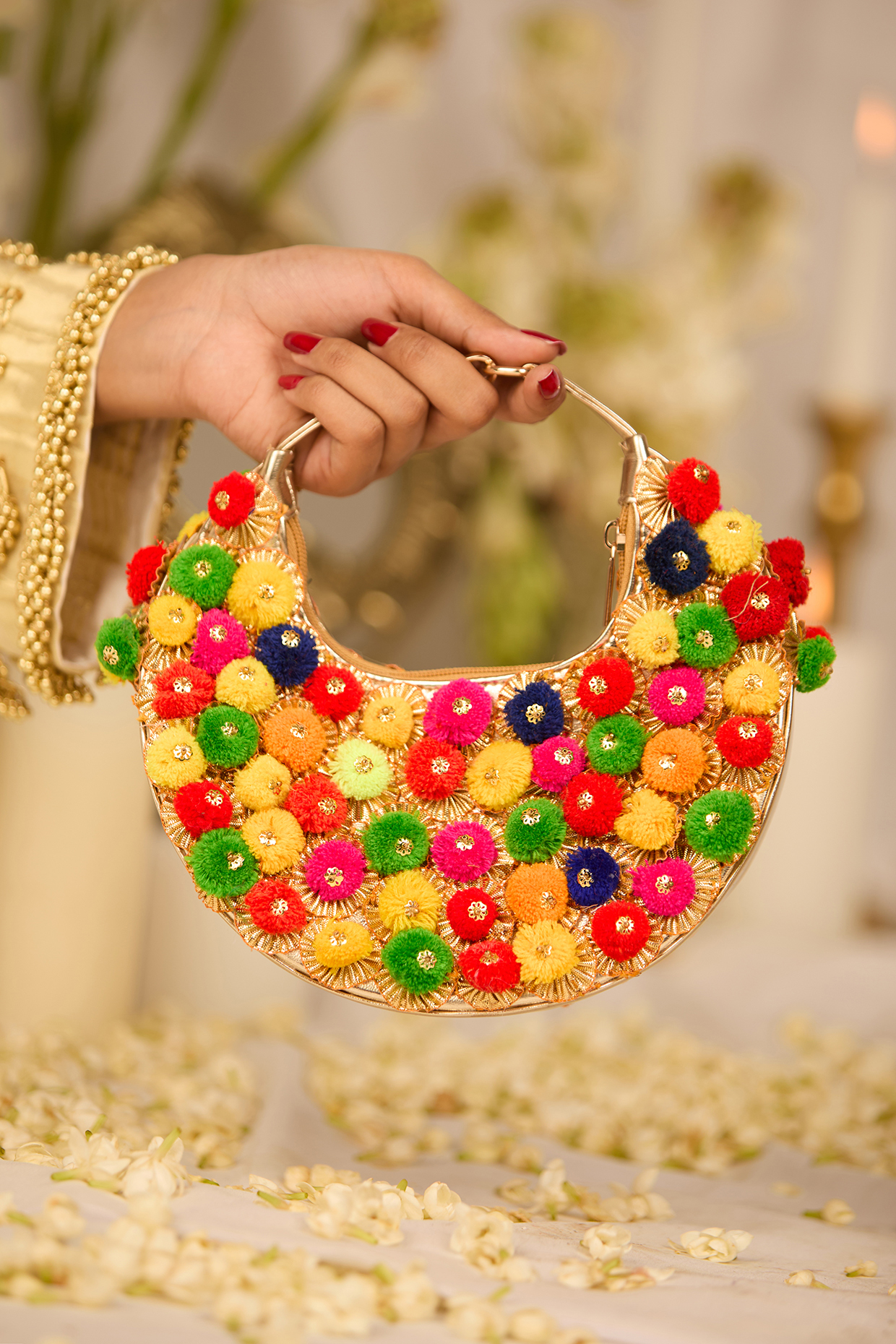 Multi-Colored Faux Pom-Poms Moon-Shaped HandBag by 5 Elements at Pernia's Pop Up Shop