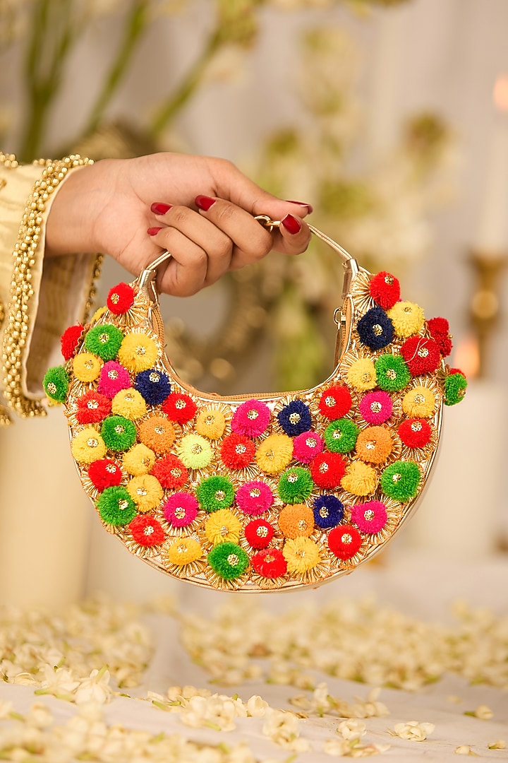 Multi-Colored Faux Pom-Poms Moon-Shaped HandBag by 5 Elements at Pernia's Pop Up Shop