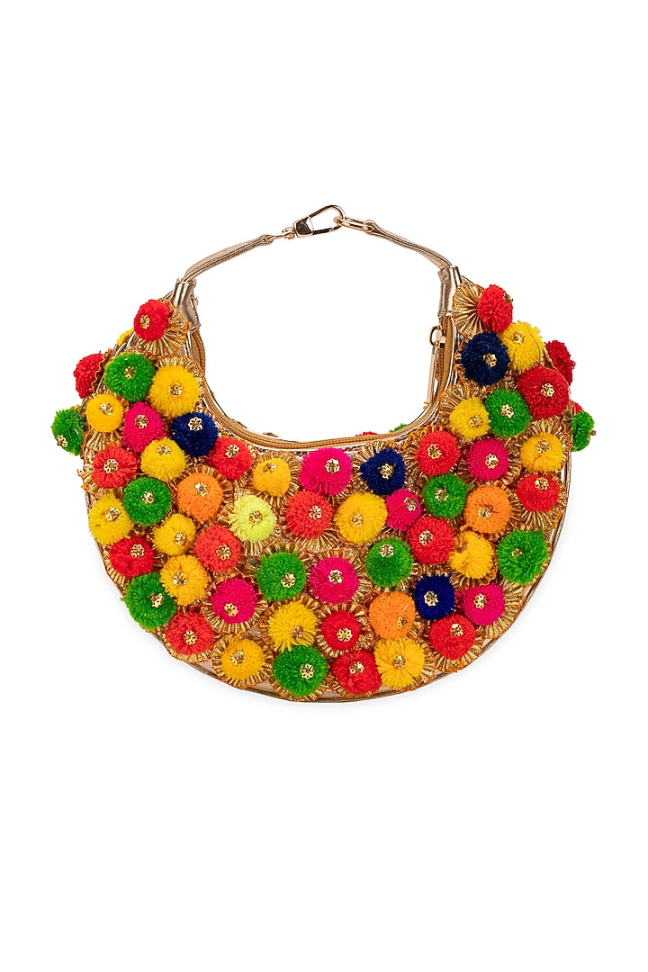 Multi-Colored Faux Pom-Poms Moon-Shaped HandBag by 5 Elements at Pernia's Pop Up Shop