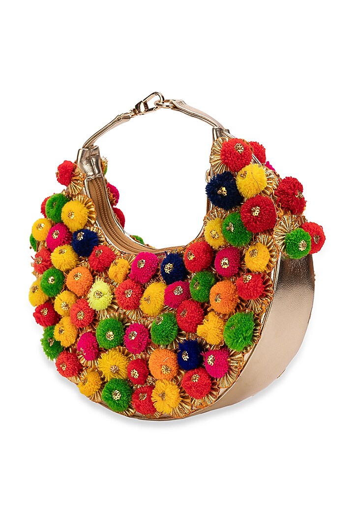 Multi-Colored Faux Pom-Poms Moon-Shaped HandBag by 5 Elements at Pernia's Pop Up Shop