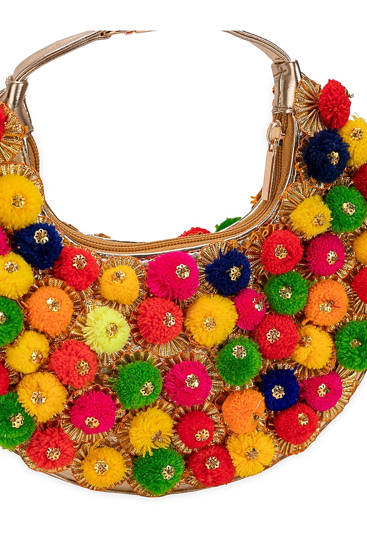 Multi-Colored Faux Pom-Poms Moon-Shaped HandBag by 5 Elements at Pernia's Pop Up Shop
