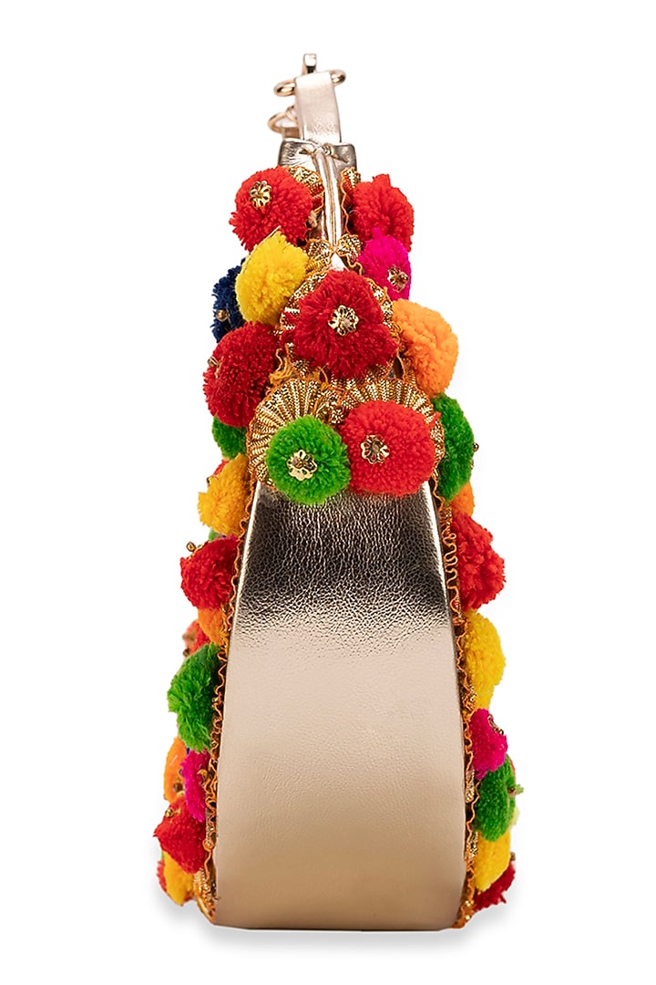 Multi-Colored Faux Pom-Poms Moon-Shaped HandBag by 5 Elements at Pernia's Pop Up Shop