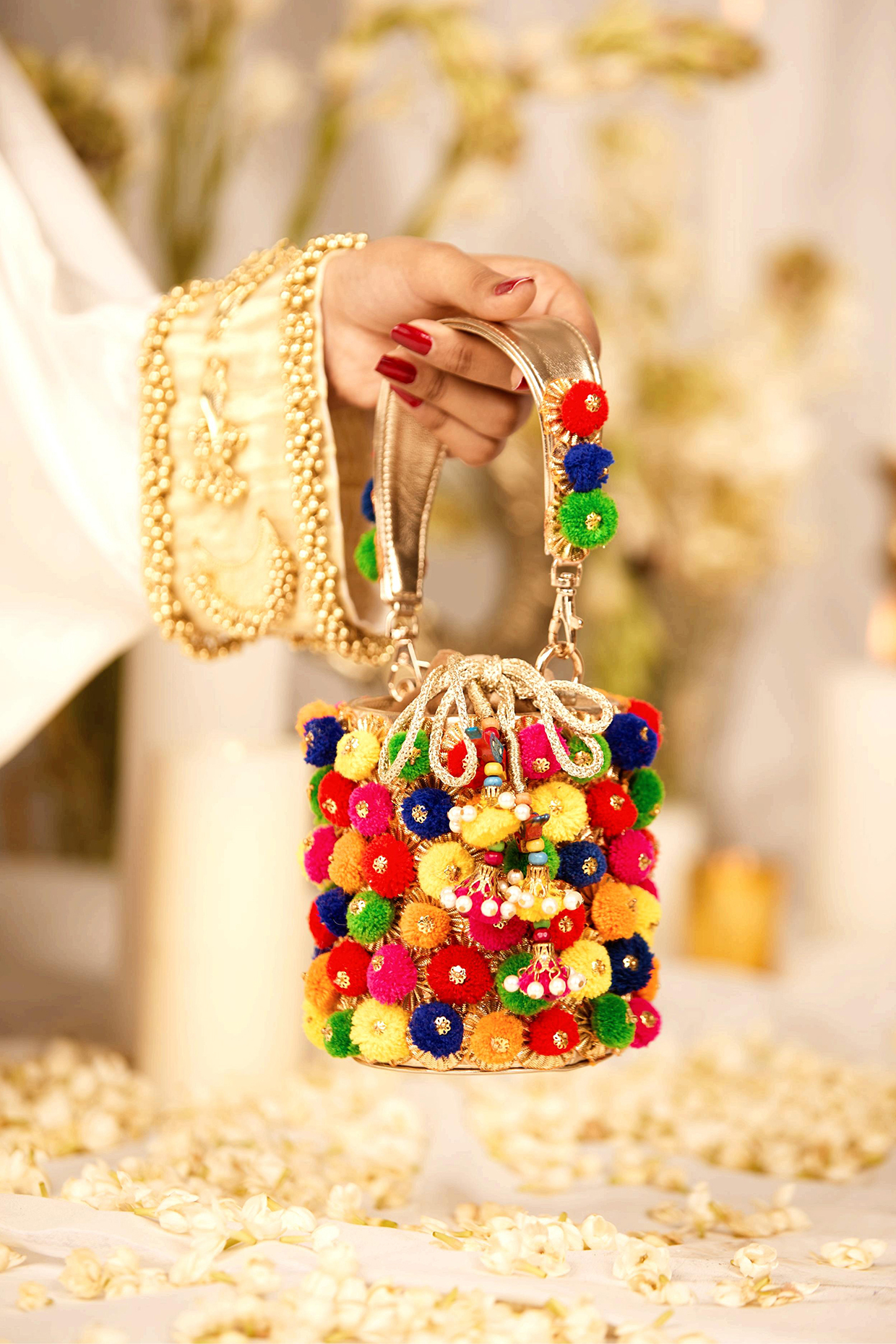 Multi-Colored Faux Leather Pom-Poms Bucket HandBag by 5 Elements at Pernia's Pop Up Shop