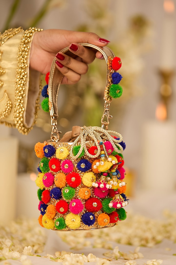 Multi-Colored Faux Leather Pom-Poms Bucket HandBag by 5 Elements at Pernia's Pop Up Shop