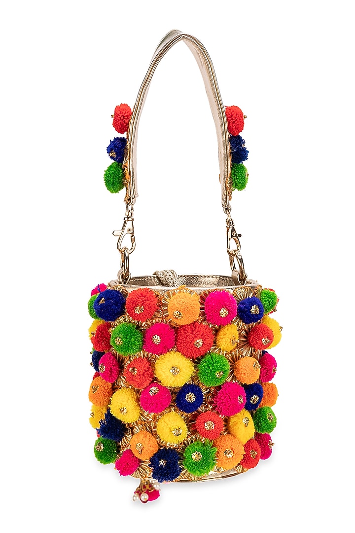 Multi-Colored Faux Leather Pom-Poms Bucket HandBag by 5 Elements at Pernia's Pop Up Shop