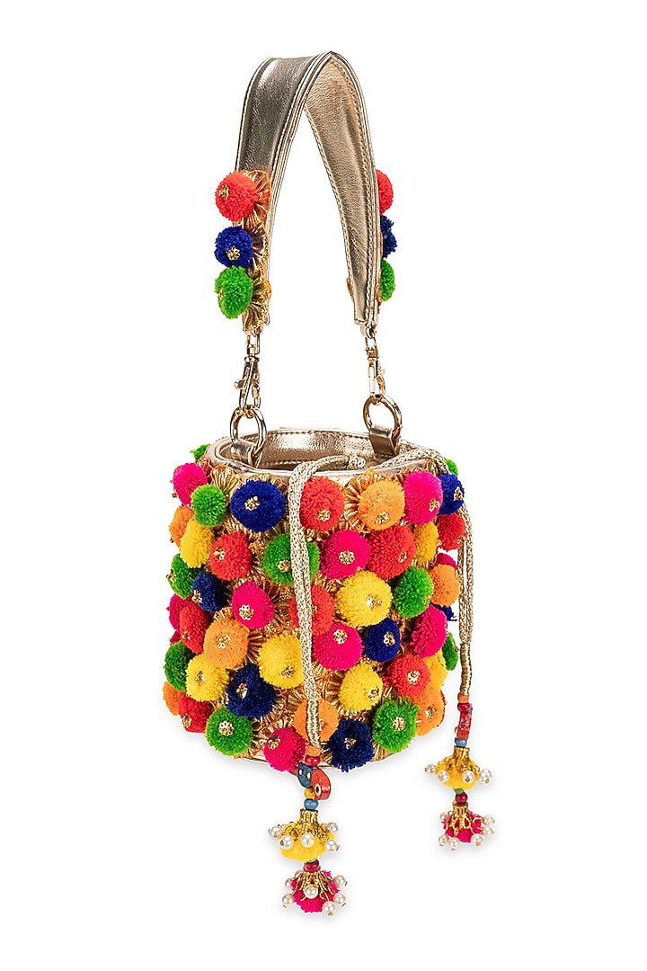 Multi-Colored Faux Leather Pom-Poms Bucket HandBag by 5 Elements at Pernia's Pop Up Shop