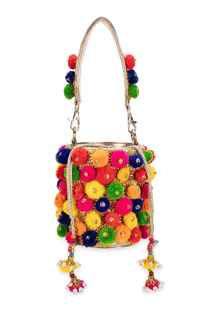 Multi-Colored Faux Leather Pom-Poms Bucket HandBag by 5 Elements at Pernia's Pop Up Shop