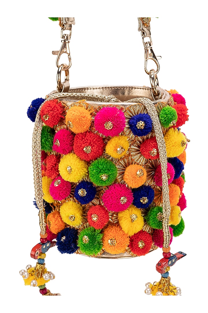 Multi-Colored Faux Leather Pom-Poms Bucket HandBag by 5 Elements at Pernia's Pop Up Shop