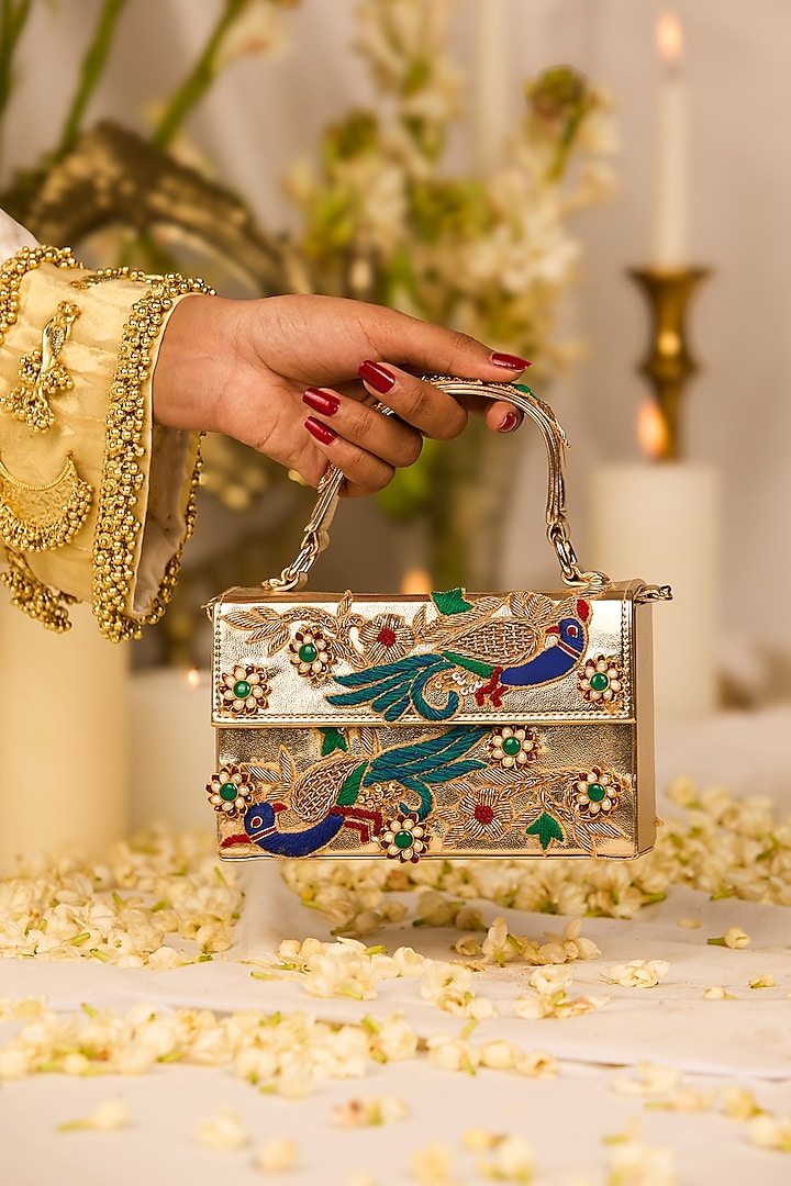 Golden Faux Leather Gota-Patti Embroidered Box-Clutch Bag by 5 Elements at Pernia's Pop Up Shop