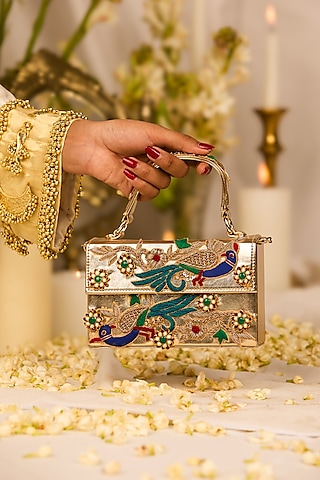 Golden Faux Leather Gota-Patti Embroidered Box-Clutch Bag by 5 Elements