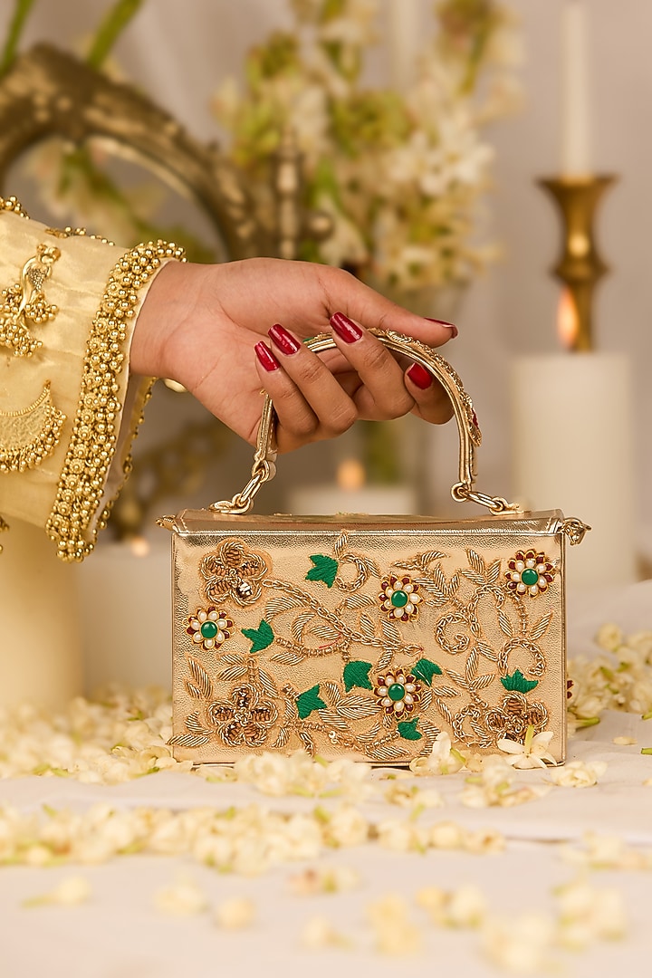 Golden Faux Leather Gota-Patti Embroidered Box-Clutch Bag by 5 Elements at Pernia's Pop Up Shop