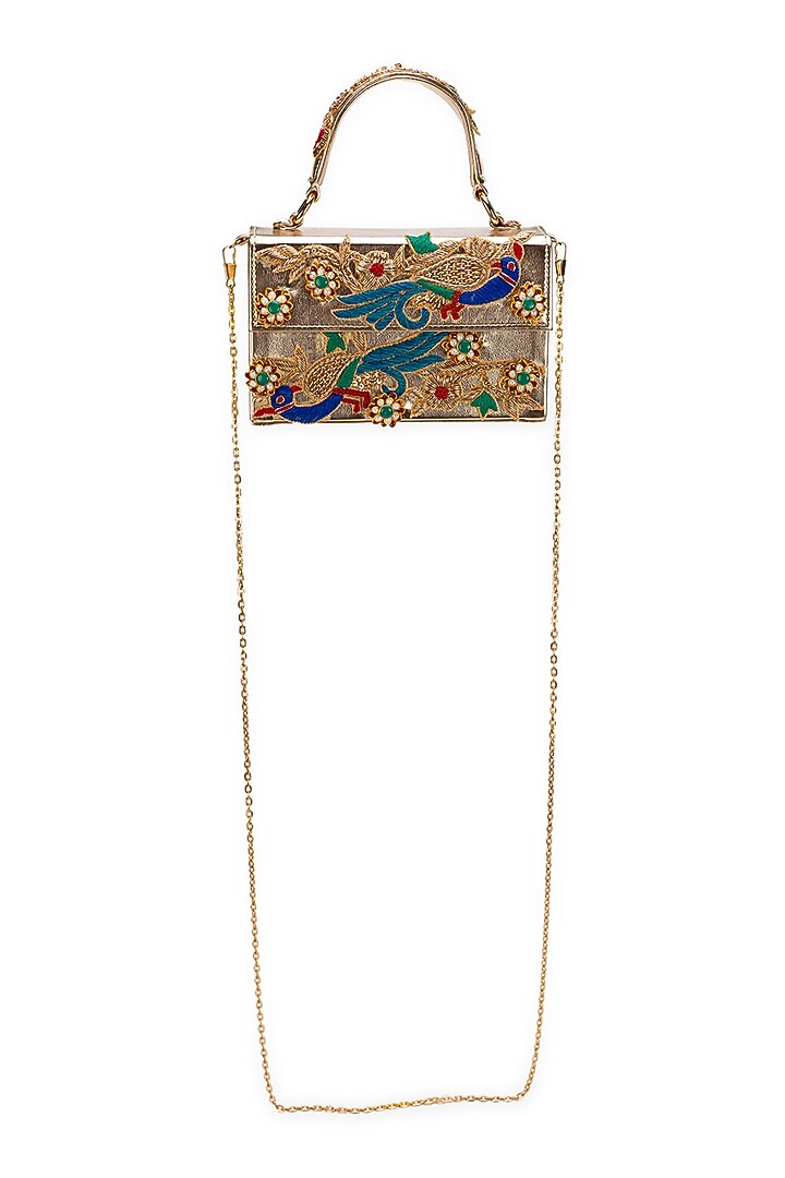 Golden Faux Leather Gota-Patti Embroidered Box-Clutch Bag by 5 Elements at Pernia's Pop Up Shop