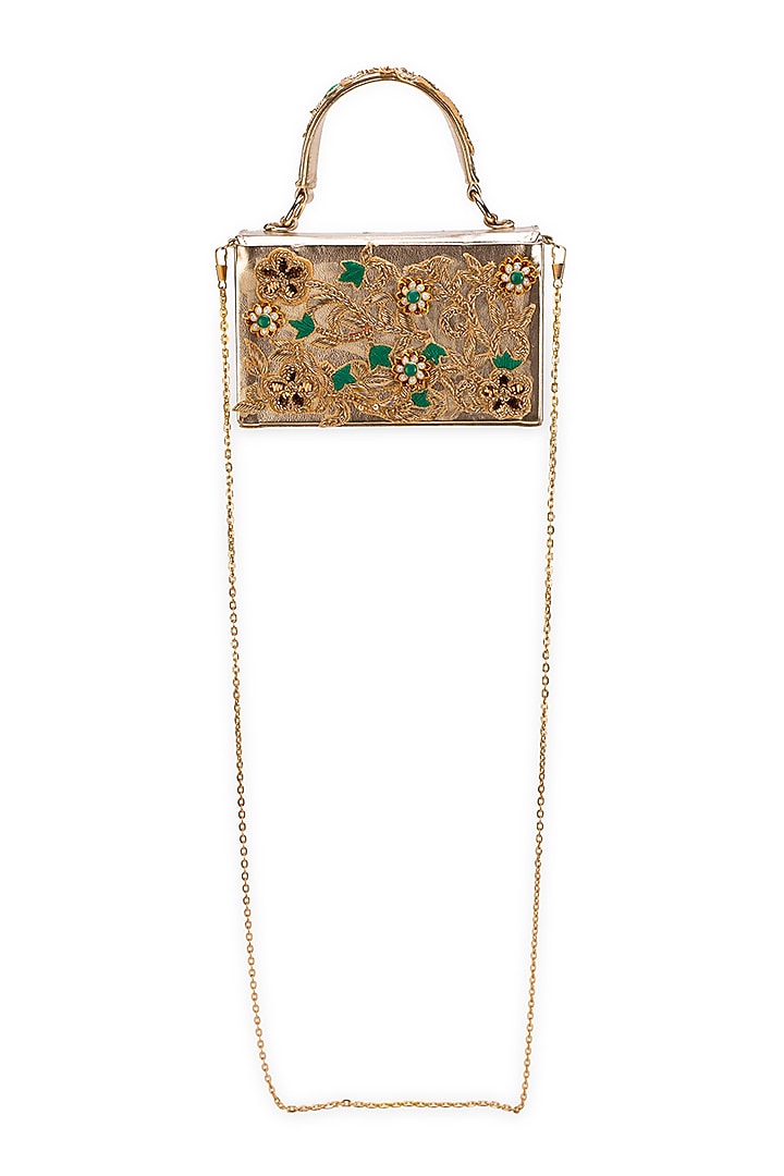 Golden Faux Leather Gota-Patti Embroidered Box-Clutch Bag by 5 Elements at Pernia's Pop Up Shop
