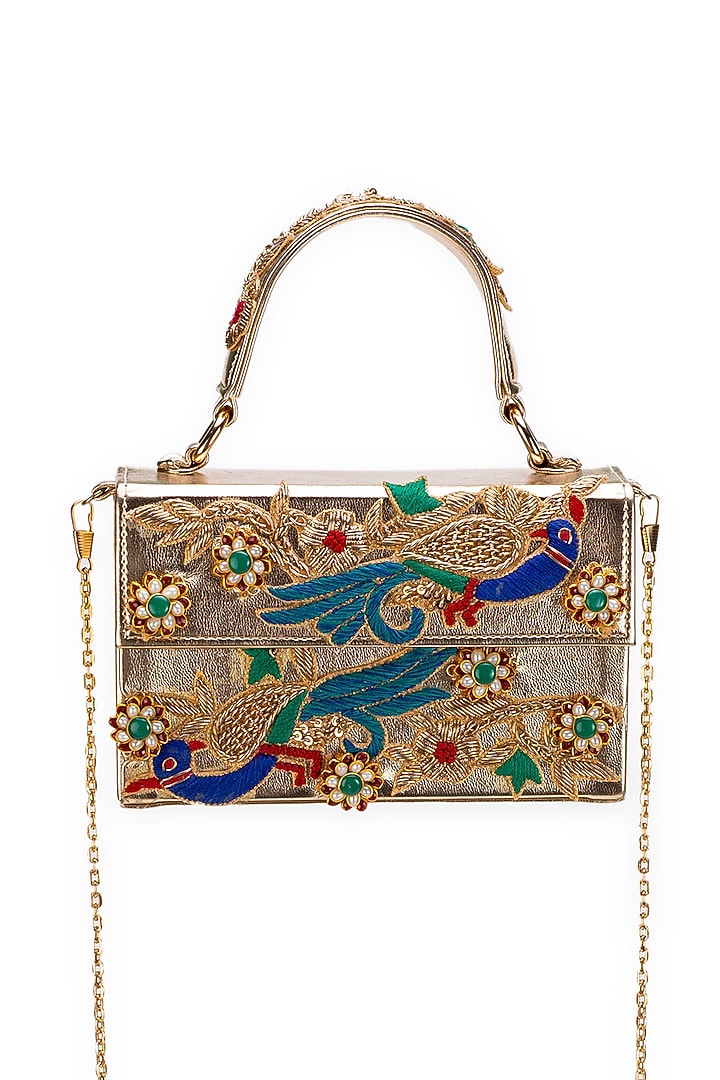 Golden Faux Leather Gota-Patti Embroidered Box-Clutch Bag by 5 Elements at Pernia's Pop Up Shop