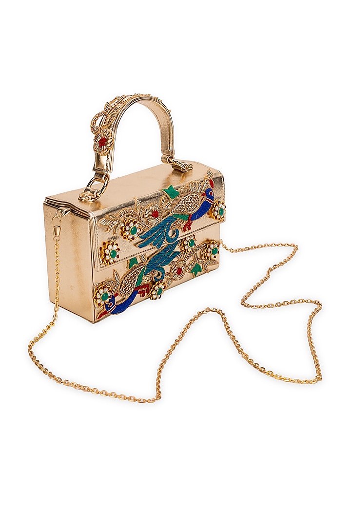 Golden Faux Leather Gota-Patti Embroidered Box-Clutch Bag by 5 Elements at Pernia's Pop Up Shop