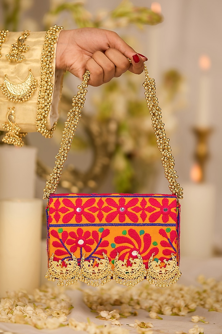 Mustard Jacquard Paisley Motif Embroidered Clutch Bag by 5 Elements at Pernia's Pop Up Shop