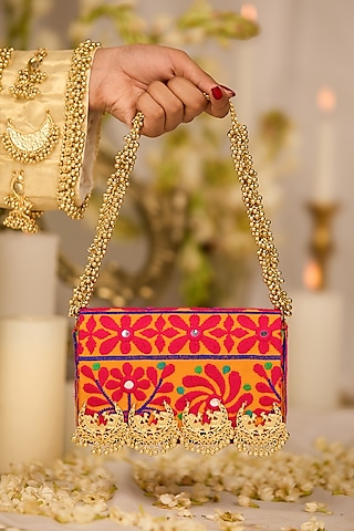 Mustard Jacquard Paisley Motif Embroidered Clutch Bag by 5 Elements